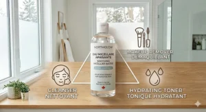 A minimalist diagram showing the 3-in-1 benefits of the best micellar water acting as a cleanser, makeup remover, and toner.