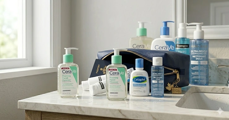 A collection of top-rated affordable face cleansers under $20 available in Canada, featuring dermatological brands on a clean marble surface.
