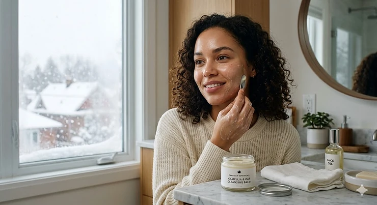 A woman applying the best cleansing balm to melt away makeup and hydrate dry skin during a cold Canadian winter.