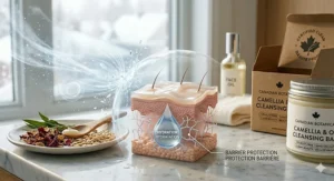 Illustration of the best cleansing balm protecting the skin barrier against dry, cold Canadian weather.