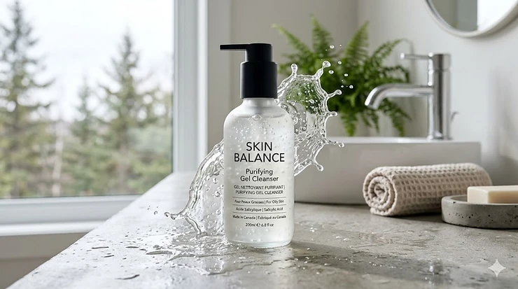 Premium foaming gel cleanser for oily skin displayed in a bright Canadian bathroom, formulated to balance excess sebum and clear pores.