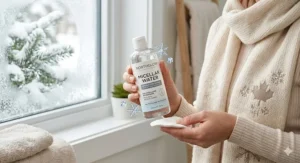 A winter-themed skincare graphic featuring the best micellar water for dry skin to maintain hydration during harsh Canadian winters.