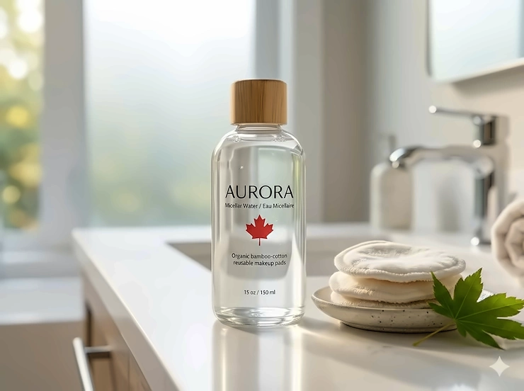 A bottle of the best micellar water on a modern bathroom vanity in Canada, surrounded by reusable cotton pads for an eco-friendly skincare routine.