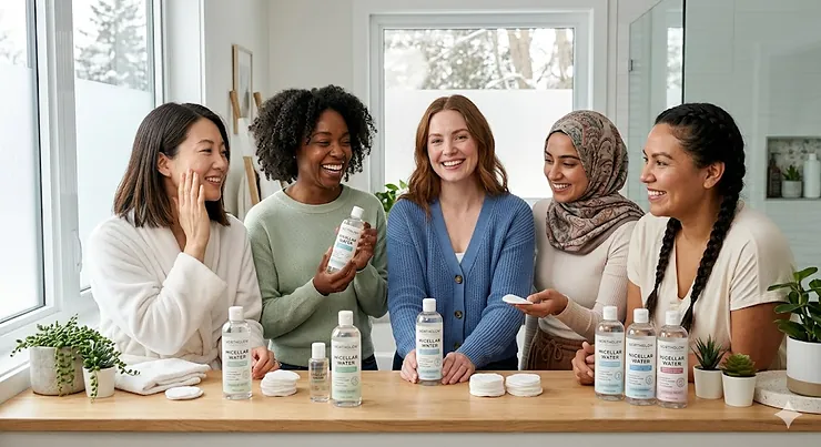 A diverse group of Canadian women showcasing clear, radiant skin next to the best micellar water for all skin types, available in Canada. oil cleanser for blackheads