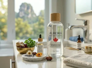 An eco-friendly illustration of sustainable beauty products, featuring the best micellar water in recyclable packaging.