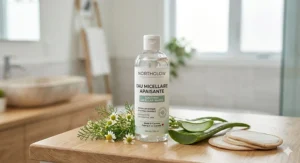 A gentle skincare illustration representing the best micellar water for sensitive skin (eau micellaire pour peau sensible) featuring soothing hypoallergenic ingredients.