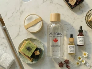 A lifestyle illustration of a Canadian travel bag packed with a convenient travel-sized bottle of the best micellar water.