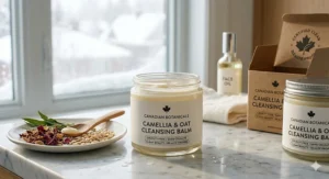 A bilingual Canadian clean beauty illustration for the best cleansing balm certified cruelty-free and vegan.