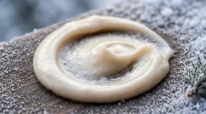 A close-up swirl of a rich, creamy winter face wash formulated for dry skin, showcasing a nourishing texture ideal for Canadian sub-zero temperatures.