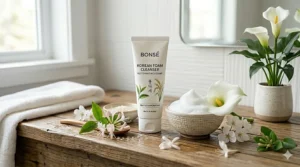 Step-by-step double cleansing routine featuring a gentle Korean foam cleanser as the second step.