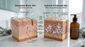 Diagram comparing a dry, cracked skin barrier caused by harsh Canadian winter weather versus healthy, glowing skin protected by a hydrating winter face wash.