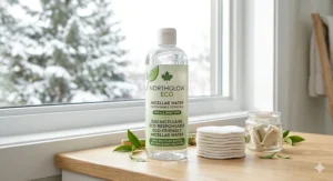 An eco-friendly skincare graphic highlighting sustainable beauty choices and the best micellar water options with recyclable packaging in Canada.