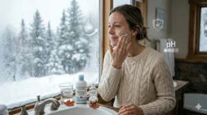 A person with glowing, hydrated skin after using a facial cleanser for dry skin, set in a cozy Canadian home.