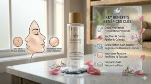 A bilingual English and French graphic checklist showcasing the benefits of using a hydrating toner for dry skin.