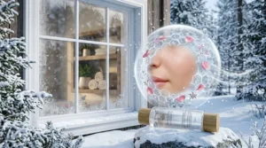 Illustration of a hydrating toner protecting dry skin from cold Canadian winter weather and wind chill.