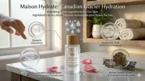 Infographic showing hydrating toner ingredients for dry skin, including hyaluronic acid and Canadian glacial water.