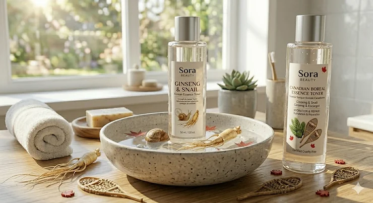 A photorealistic close-up of "Sora Beauty Ginseng & Snail Korean Essence Toner" in a clear glass bottle with bilingual English and French text, resting on a sunlit natural wood bathroom vanity in a Canadian home.