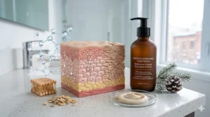 An illustrative breakdown of moisturizing ingredients in a winter face wash, featuring ceramide molecules and hydration droplets next to a clean product bottle.