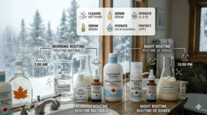 A photorealistic morning and night skincare routine featuring a facial cleanser for dry skin and seasonal Canadian products.