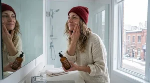 A Canadian woman in a cozy bathroom using a gentle winter face wash to cleanse and hydrate her skin during a cold January morning.