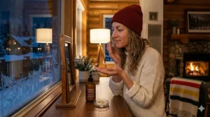 Washing off the day with a soothing winter face wash to combat skin dryness caused by artificial indoor heating in Canadian homes.