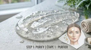 Infographic guide showing a daily skincare routine for oily skin, highlighting a purifying gel cleanser as the first step.