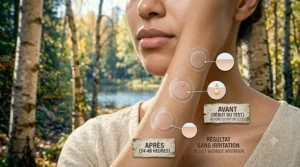 Close-up illustration of two skincare droppers releasing a clear bakuchiol serum oil and a lightweight milky retinol serum.