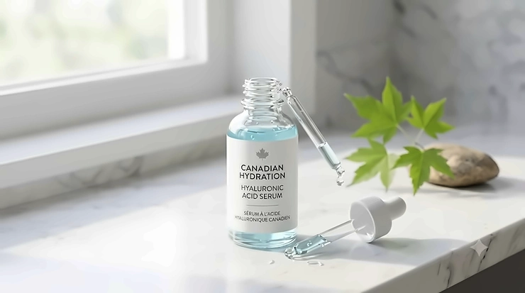 A bottle of hydrating hyaluronic acid serum placed on a clean background, a top-rated skincare choice for dry Canadian winters.