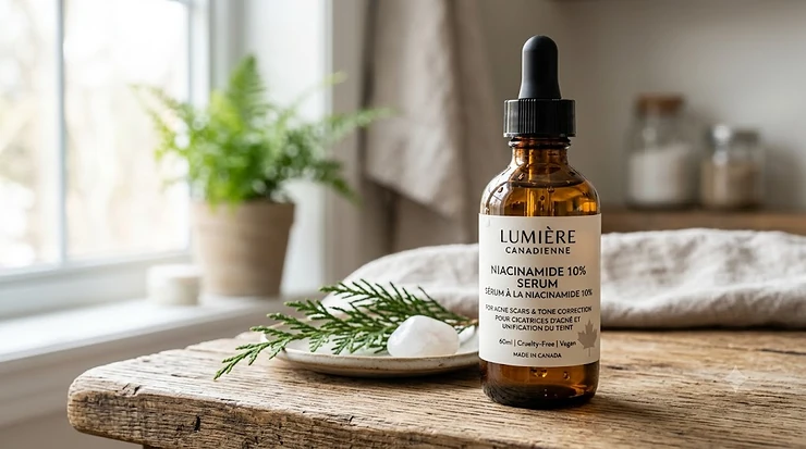 A premium bottle of niacinamide serum for acne scars placed next to fresh Canadian botanical accents on a clean, modern vanity.