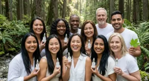 Inclusive illustration of diverse Canadians celebrating healthy skin achieved with the best peptide serum for all skin types.