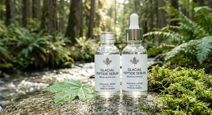 Premium anti-aging skincare bottle featuring the best peptide serum for Canadian weather, set against a clean, minimalist background.