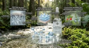 Ingredient spotlight illustration detailing the hydrating components inside the best peptide serum for glowing skin.