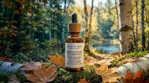 Flat-lay illustration of serum bottles featuring clean English and French bilingual labeling for the Canadian skincare market.