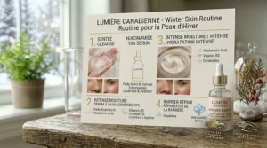 Illustration of a winter skincare routine featuring hydrating niacinamide serum for acne scars to combat dry Canadian weather.