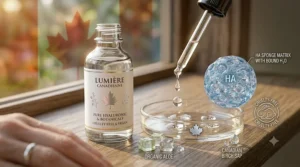 Clean beauty illustration of a clear hyaluronic acid serum for mature skin, featuring sustainable and cruelty-free Canadian skincare standards.