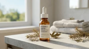 Detailed cross-section illustration showing how a potent vitamin C serum stimulates collagen to smooth fine lines.