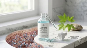 Graphic illustration of a natural, cruelty-free hyaluronic acid serum with a Canadian maple leaf icon symbolizing local clean beauty standards.