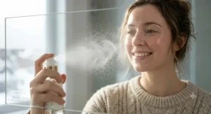 Illustration of a protective facial spray acting as the best face mist for dry skin caused by harsh Canadian winter weather.