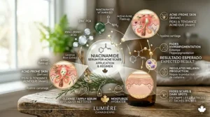 Step-by-step skincare routine diagram showing how to apply niacinamide serum for acne scars after cleansing.