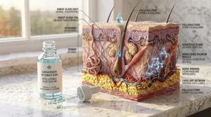 Scientific illustration explaining how a hyaluronic acid serum molecule holds up to one thousand times its weight in water.