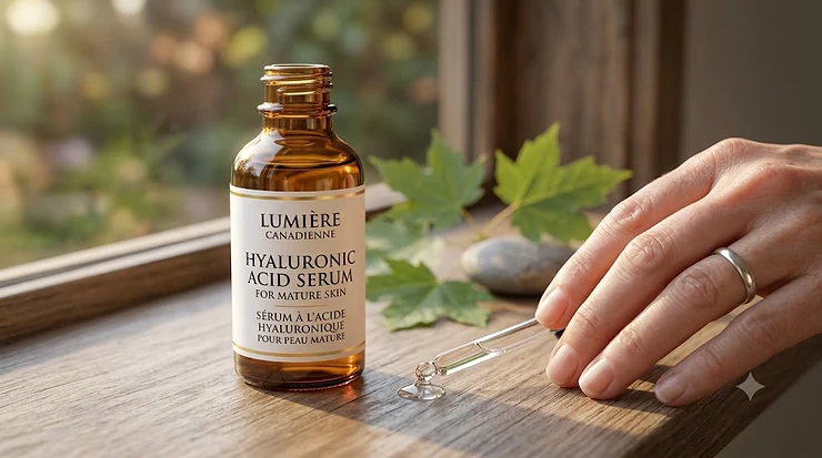 A premium bottle of hyaluronic acid serum for mature skin, displayed alongside anti-aging skincare topicals in a bright, modern Canadian home.