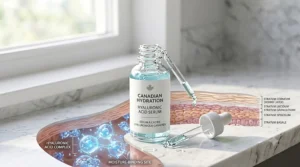 Illustration showing how hyaluronic acid serum locks in moisture to protect the skin barrier against harsh Canadian weather.