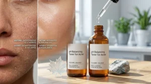 Comparison graphic showing the hydrating benefits of a pH balancing toner for acne versus stripping treatments.