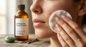 Eco-friendly product badges for a cruelty-free, Canadian-made pH balancing toner for acne prone skin.