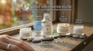 Skincare routine infographic highlighting where to apply a hyaluronic acid serum for mature skin for maximum hydration.