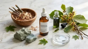 Minimalist flat lay of natural ingredients used in a Canadian pH balancing toner for acne treatment.