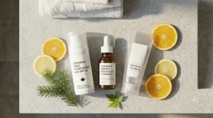 Graphic illustration of natural ingredients in a brightening vitamin C serum including citrus extracts and Canadian botanicals.