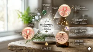 An infographic illustrating how a niacinamide serum targets stubborn acne scars and hyperpigmentation for clear skin.