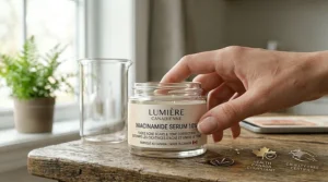Close-up illustration of a Canadian skincare bottle showing bilingual text for niacinamide serum for acne scars / sΓ©rum Γ la niacinamide pour cicatrices d'acnΓ©.