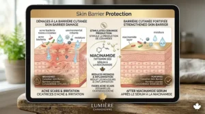 Illustration showing how niacinamide serum repairs the skin barrier while fading acne scars and reducing redness.